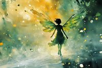Magical fairy silhouette with translucent wings floating in mystical forest atmosphere with golden and green bokeh lights, watercolor style fantasy artwork.