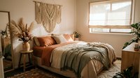 Cozy boho bedroom interior with macrame wall hanging, warm earth tones, pampas grass decor, natural lighting and modern minimalist furniture design.