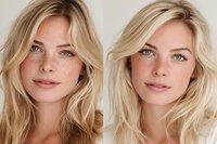 Young blonde woman before and after skincare treatment showing clear skin transformation and beauty routine results for cosmetic advertising.