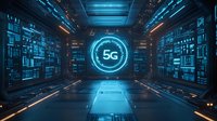 Futuristic digital tunnel with glowing 5G symbol surrounded by technological interface elements and data streams in blue neon lighting against dark background.