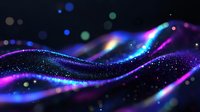 Glowing abstract waves with sparkles and particles in dark space, featuring vibrant neon colors of blue, purple, and turquoise creating dynamic motion effect.