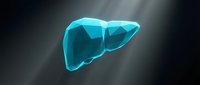 Human liver anatomy organ in translucent blue holographic style on dark background for medical education and healthcare presentations.