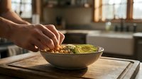 Hands drizzling olive oil over healthy grain bowl with seeds and greens in rustic kitchen setting for nutritious meal preparation.
