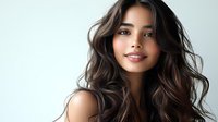 Young Hispanic woman with wavy brown hair and natural makeup smiling against light background, professional beauty portrait showcasing healthy glowing skin and modern hairstyle.