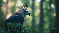 Majestic eagle with distinctive crest feathers perched in lush forest setting against blurred green bokeh background, showcasing wildlife majesty and natural habitat.