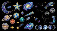 Watercolor space clipart set with planets, moon phases, stars, galaxy, telescope, and constellations, isolated on transparent background, ready for stickers, t-shirts, and print on demand.