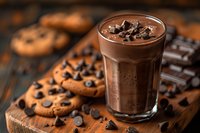 Creamy chocolate milkshake garnished with chocolate chips served alongside fresh chocolate chip cookies on rustic wooden board. Dark food photography style.