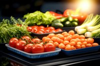 Fresh organic vegetables displayed at farmers market with tomatoes, lettuce, peppers and herbs in natural sunlight for healthy eating and cooking.