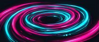 Neon glowing spiral vortex with magenta and cyan swirling lines on dark background, suitable for tech and digital design projects.