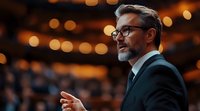 Mature businessman with gray beard and glasses gesturing while speaking at conference venue with blurred bokeh lights background, professional leadership concept.