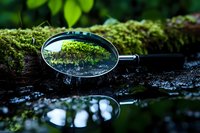 Magnifying glass on wet moss reflects nature's details, creating artistic composition with green forest floor and water reflection. Perfect for environmental concepts.