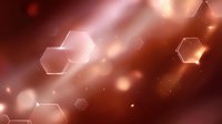 Glowing hexagonal shapes floating on dark red background with bokeh light effects and soft focus creating futuristic abstract technological pattern.