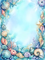 Watercolor ocean frame with seashells, starfish, coral and sea urchins on turquoise background. Marine border design for summer invitations and coastal decor.