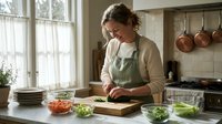 Caucasian middle-aged woman in apron chopping vegetables in a bright rustic kitchen, preparing healthy meal at wooden cutting board.