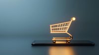 Golden shopping cart glowing on smartphone screen representing mobile commerce and online retail technology for digital marketing campaigns.