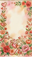 Watercolor floral frame with roses, peonies, and hearts on cream background. Romantic botanical border with pink and red flowers, green foliage, and decorative heart elements. Isolated design ready for invitations, greeting cards, and wedding stationery projects.