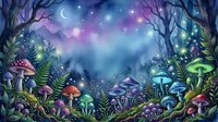 Enchanted forest scene with glowing mushrooms, ferns, and magical lights under starry night sky with crescent moon and nebula clouds.