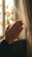 Elderly hands pressed together in prayer position with warm sunlight streaming through window creating peaceful spiritual moment for meditation and faith concepts.