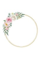 Floral wreath with pink roses, cream blooms, and eucalyptus leaves arranged on gold circular frame, isolated on white background for wedding invitations and greeting card designs.
