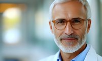 Senior male professional with gray beard and glasses wearing blue shirt smiling confidently against blurred office background, representing success and expertise.