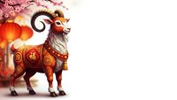Ornate goat with golden decorations and red lanterns on white background for Chinese New Year celebrations and festive designs.