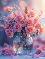 Soft pink roses and delicate flowers arranged in glass vase with dreamy bokeh background for romantic occasions and spring celebrations.
