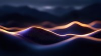 Glowing orange and blue waves create dynamic abstract landscape against dark background, flowing light trails form smooth undulating curves and peaks.