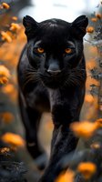 Black panther with piercing amber eyes walking through autumn forest with orange flowers and foliage creating dramatic wildlife portrait.