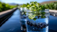 Fresh blueberry mint infused water in glass jar on outdoor table, refreshing summer drink with berries and herbs.