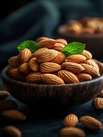 Fresh raw almonds in wooden bowl with mint leaves on dark background, macro food photography with selective focus and natural lighting for healthy snacking concept.