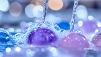 Water streams splashing onto purple spherical objects with soft bokeh lights creating dreamy atmosphere. Macro photography captures liquid motion and transparency.