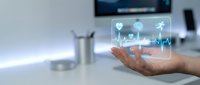 Caucasian hand holding a glowing holographic health interface with heart rate, brain, and fitness icons in a modern medical office.