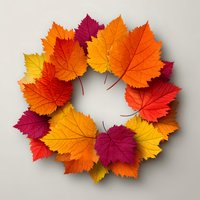 Colorful autumn maple leaves arranged in circle wreath pattern on beige background, showcasing vibrant fall colors of yellow, orange, red, and burgundy.