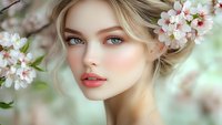 Young blonde woman with natural makeup and coral lips amid blooming cherry blossoms, soft dreamy spring portrait with blurred floral background.