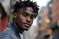 Young African American man with dreadlocks and denim jacket smiling confidently at camera in urban setting with soft bokeh background, natural lighting creates warm ambiance.