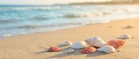 Colorful seashells and starfish scattered on golden sandy beach with turquoise ocean waves in soft sunlight creating peaceful coastal vacation atmosphere.