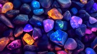 Glowing stones in vibrant neon colors of blue, purple, pink and orange create magical pattern on dark background, mystical mineral texture for spiritual design.