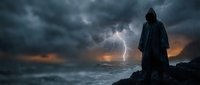 Hooded figure standing on rocky shore during dramatic thunderstorm with lightning bolt striking over turbulent ocean waves under dark stormy clouds.