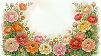 Watercolor ranunculus flowers frame with green leaves on white background. Floral border design for wedding invitations, greeting cards and decorations.