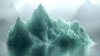 Ethereal turquoise iceberg formation reflecting in calm arctic waters against misty mountain backdrop creates mysterious atmospheric landscape for nature photography.