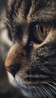 Extreme close-up macro shot of cat's amber eye and facial features showing detailed fur texture, whiskers, and mesmerizing feline pupil in dramatic lighting.