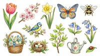 Watercolor spring garden collection with tulip, cherry blossoms, daffodil, monarch butterfly, bee, blue tit bird, basket, nest, foliage, watering can, and ladybug isolated on white background for design projects.