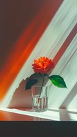 Single orange rose in glass of water casting dramatic shadows on white wall with red light effect, minimalist still life composition with strong contrast.