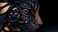 Mystical feline face with ornate swirling patterns in dark blue and copper tones against black background, featuring intricate decorative details and metallic accents.