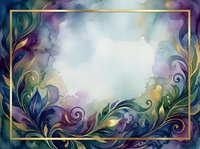 Watercolor floral frame with ornate gold swirls and botanical elements in purple, blue, and green tones. Central white space ready for text or design overlay.