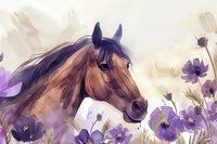 Brown horse portrait among purple cosmos flowers in watercolor style, soft pastel background with delicate floral elements creates dreamy artistic composition.