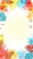 Tropical summer frame with watercolor splashes, palm leaves, hibiscus flowers and seashells on white background for vacation designs and beach themed projects.