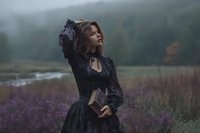 Young woman in gothic black dress dancing in misty lavender field at dawn. Atmospheric portrait for fashion, lifestyle and artistic projects.
