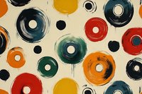 Colorful circular brush strokes pattern with orange, red, green and black rings on beige background creates dynamic retro style composition for modern interior design.