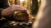 Elderly hands protecting young green plant sprout growing from coins in soil. Environmental conservation, sustainable investment, financial growth concept.